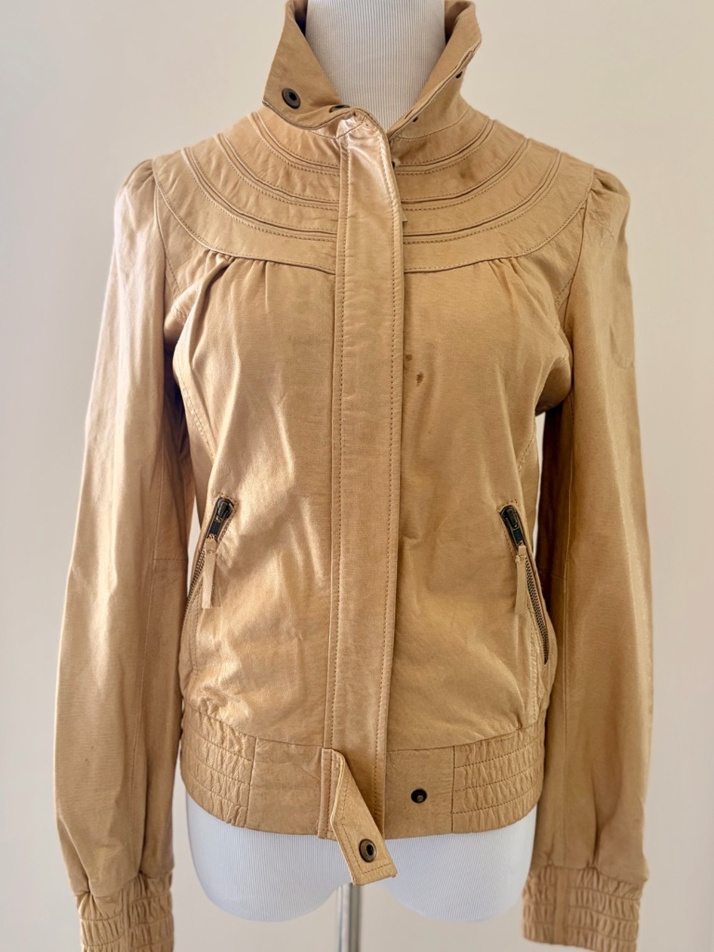 Nubuck Light Tan Bomber Jacket with High Collar